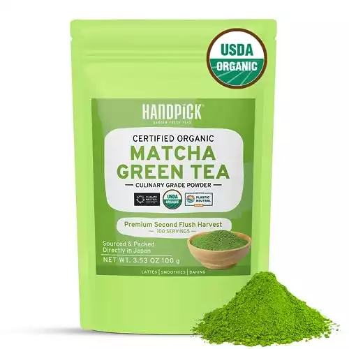 Japanese Organic Matcha Green Tea Powder (100 Servings) Culinary Grade - Authentic Premium Second Flush Harvest | Resealable Ziplock Pouch | HANDPICK