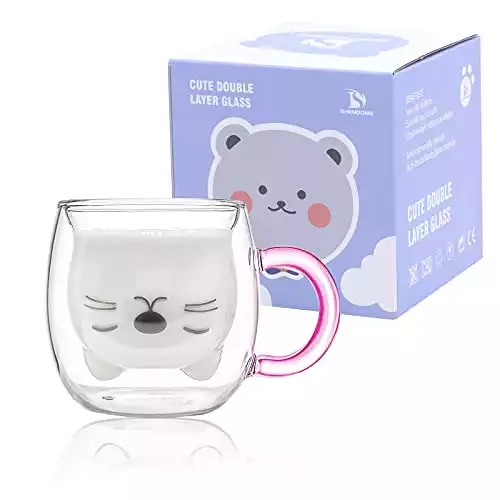 Cute Cat Mugs with Handle: Insulated Glass Espresso Cups 8.4oz Milk Cup