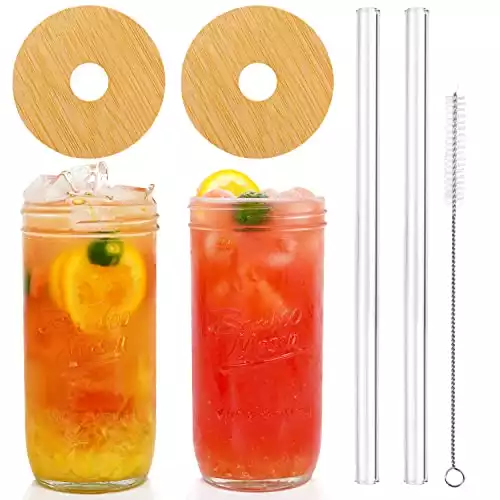 Anotion Mason Jar with Lid and Straw Set, 24 oz Boba Cup