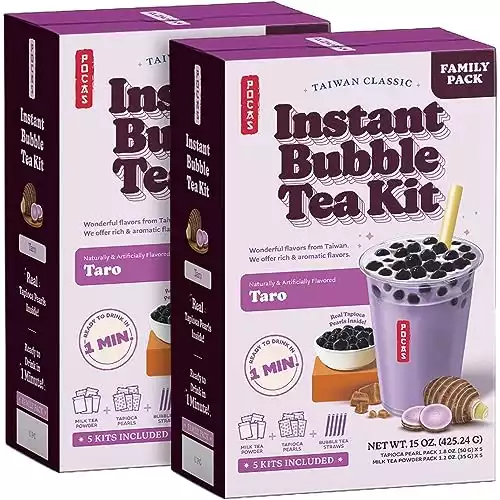 Pocas Bubble Tea Kit, Taro Instant Milk Tea Powder with Authentic Tapioca Pearls 5 Kits Per Carton, 15 Oz Ea (Pack of 2) 